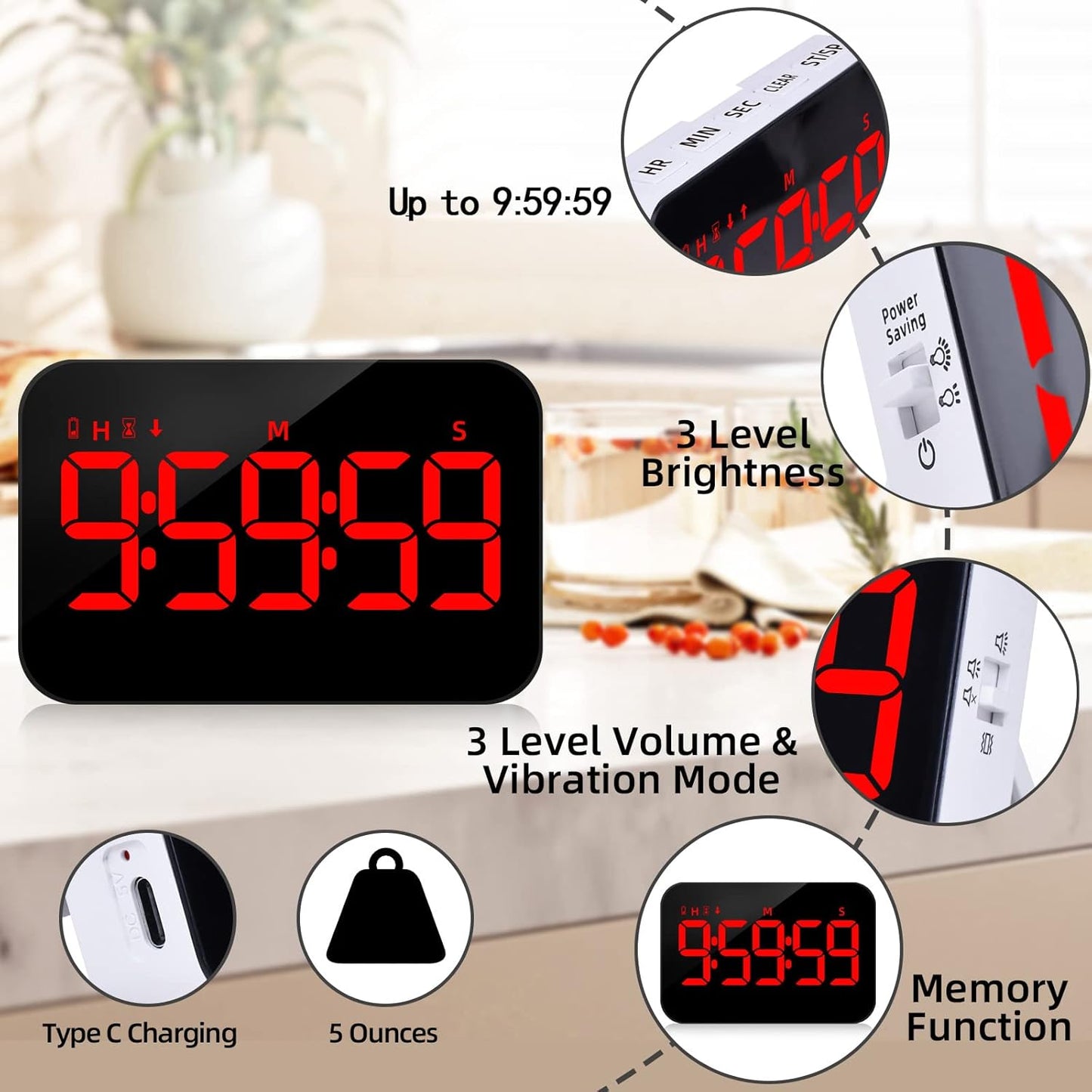 PERSUPER Kitchen Digital Timer, Count Down Up, Rechargeable, Vibration Mode Adjustable Volume and Brightness LED Display, Time Management Cook, Desk, Kids Adults Study Teaching, Kitchen Gadgets RGB