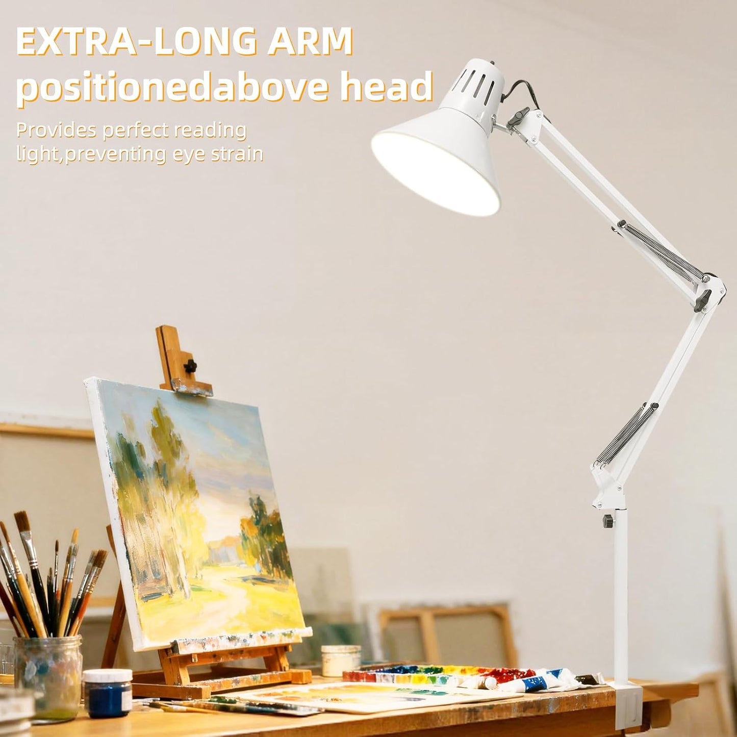 Desk Lamp With Clamp for Home Office, Eye-Caring Clip on Light with Adjustable Extra Tall Metal Swing Arm, High Intensity Clamp Lamp w/LED Bulb, Architect Task Table Lamps for Study, Workbench-B/5000k
