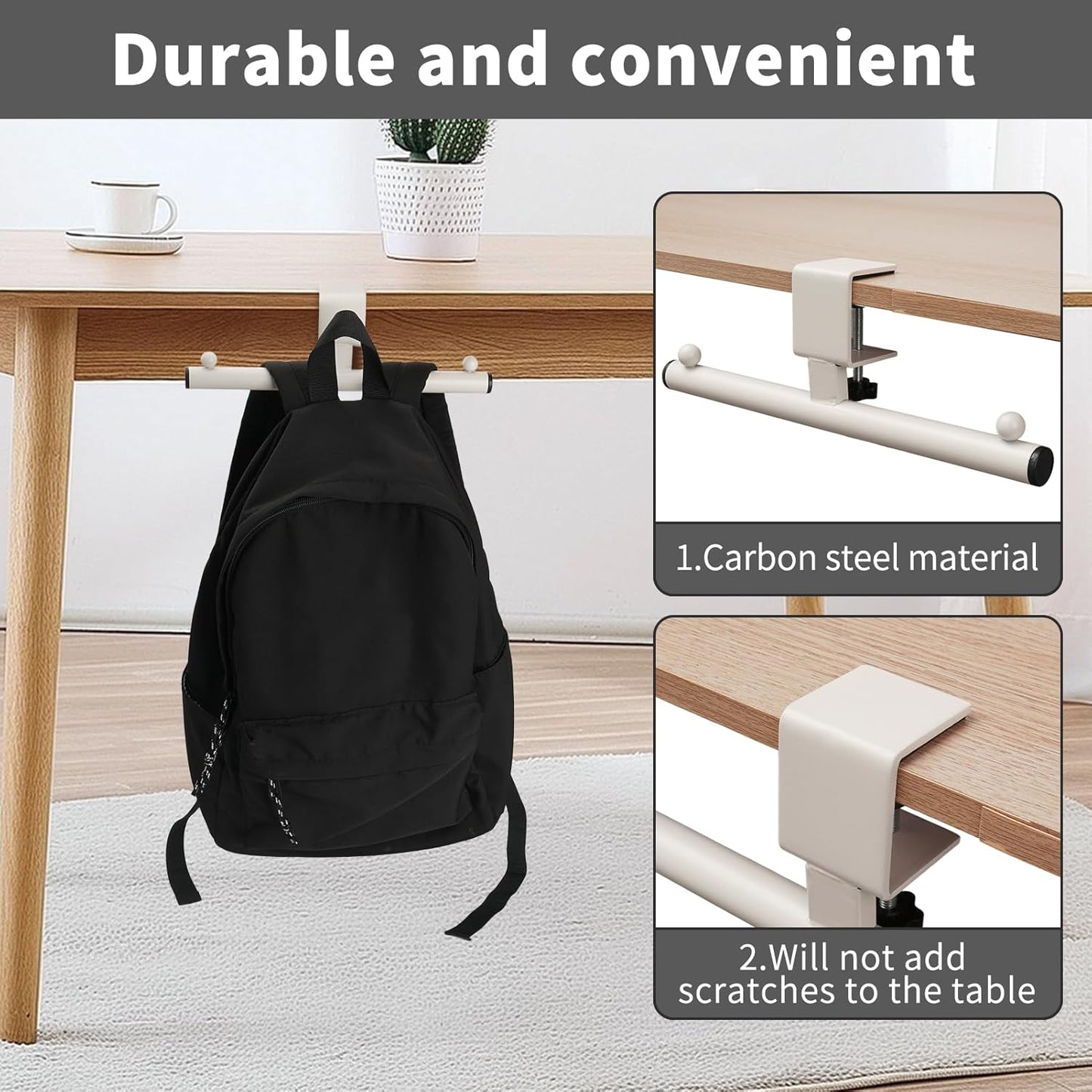 Plus tard Backpack Hanger for Table, Adjustable Clamp-On White Organizer for Office, Classroom, Dorm, Under Table Storage Stand Up Holder with Easy Installation