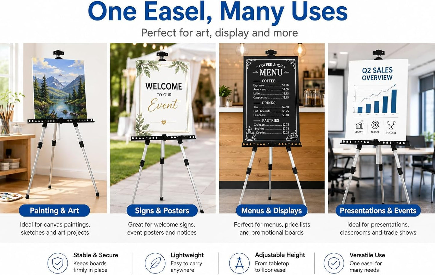 Art Easel Stand for Painting and Sign - RRFTOK 17 to 66 Inch Adjustable Aluminum Tripod Easels for Display, Portable Canvas and Poster Stand with Carry Bag for Beginners, Students and Classroom Use