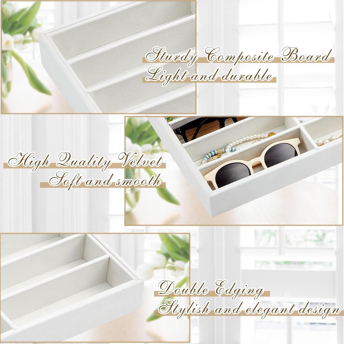 Amylove 4 Pcs Gray Sunglass Organizer Trays 4 Grids Velvet Glasses Holder Jewelry Display Organizer Eyeglasses Storage Box Drawer