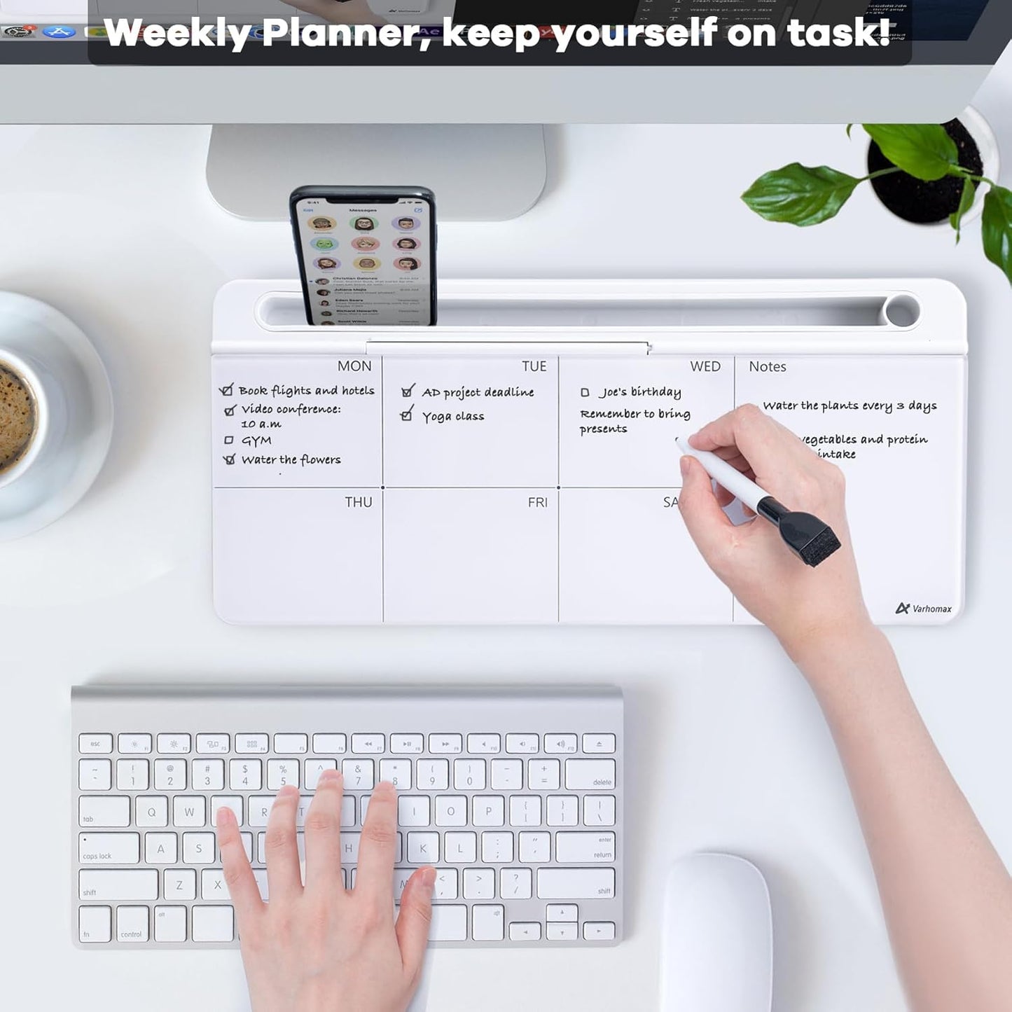 Varhomax Glass Weekly Planner Desk White Board, Desktop Calendar Whiteboard with Storage, to Do List Memo Caddy for Home Office and School Supplies, Black