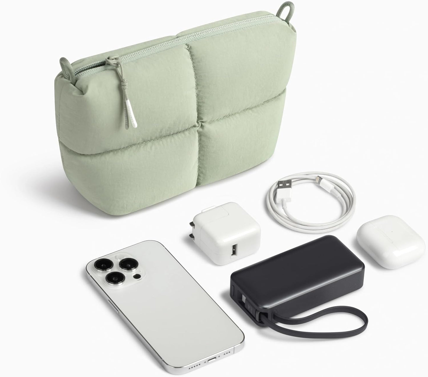 Comfyable Puffy Electronics Organizer Travel Case, Cute Tech Pouch for Women Men, Cable Storage Bag for Charger, Phone, Power Bank, Cord, Compact Tech Accessories Pouch, Rice