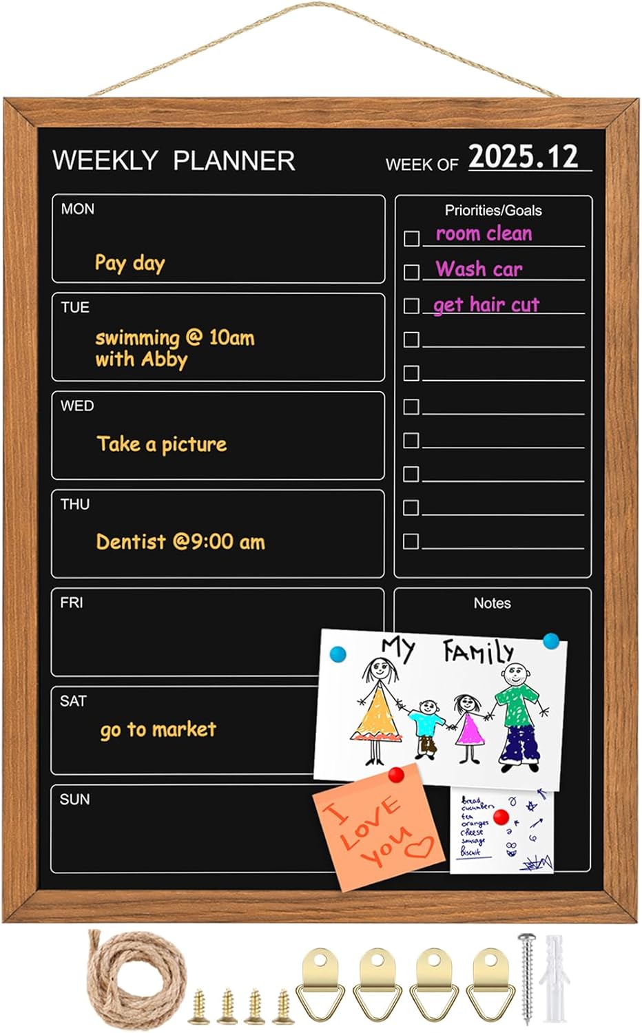 Calendar Weekly Chalkboard, 10.6" * 14.6", Magnetic Surface Rustic Brown Solid Pine Wood Frame Black Board for Office, School and Home(ZLHB-QZ-2737)