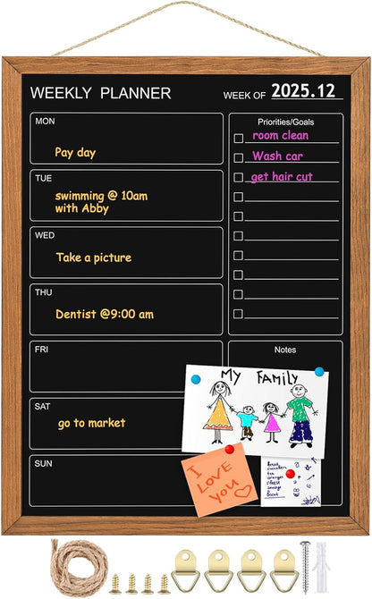 Calendar Weekly Chalkboard, 10.6" * 14.6", Magnetic Surface Rustic Brown Solid Pine Wood Frame Black Board for Office, School and Home(ZLHB-QZ-2737)
