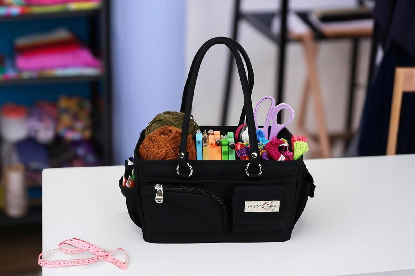 Everything Mary Deluxe Store & Tote Organizer – Tan Dot Craft Tote with Handle – Art Supply Caddy for Sewing, Scrapbooking, DIY Projects & Creative Tool Storage
