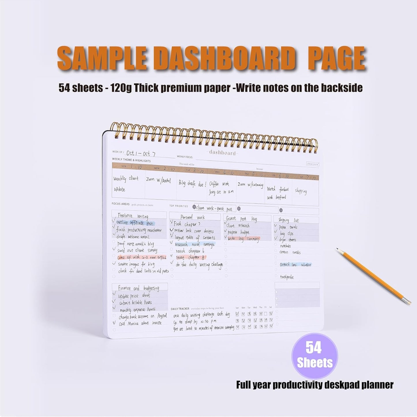 ZERONE CENTRE Productivity Weekly Planner - 54 Sheets Dashboard Spiral Deskpad Has 6 Focus Areas to List Tasks for Goals, Projects, Clients, Academic, or Shopping-Organize Your Daily Work Efficiently
