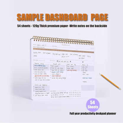 ZERONE CENTRE Productivity Weekly Planner - 54 Sheets Dashboard Spiral Deskpad Has 6 Focus Areas to List Tasks for Goals, Projects, Clients, Academic, or Shopping-Organize Your Daily Work Efficiently