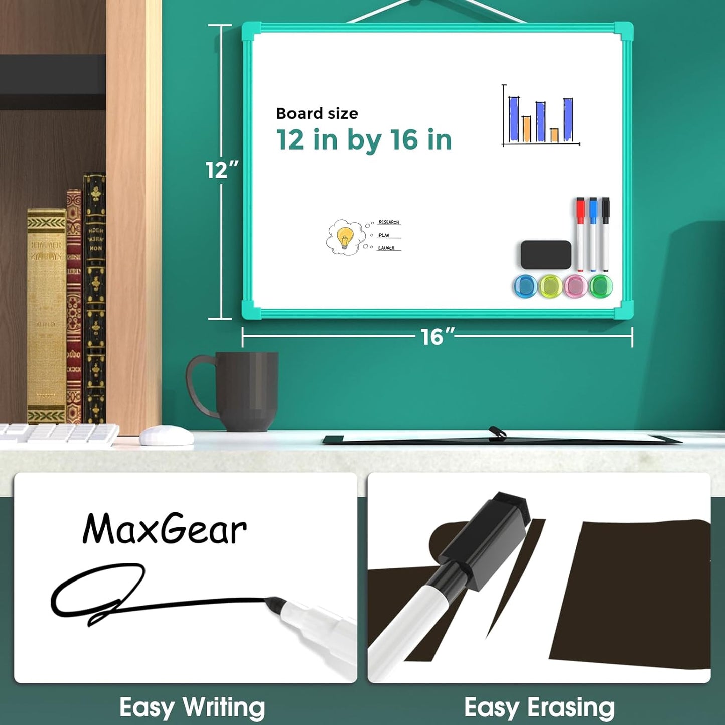 MaxGear Double-Sided Dry Erase Board for Wall, 16"x12" Hanging Whiteboard, Small Dry Erase White Board with 3 Markers and 4 Magnets, Portable Whiteboard for Planning, Drawing, Memo, to Do List