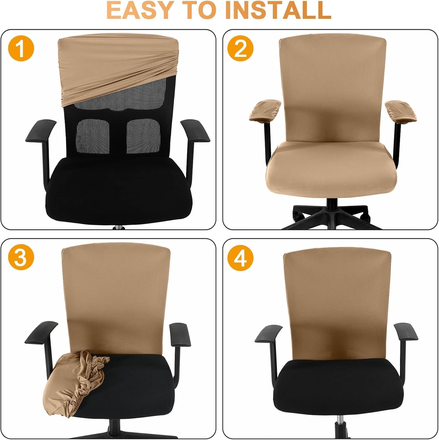 Tallew 4 Pcs Office Chair Covers Set Computer Universal Protective Stretchable Chair Seat Covers Desk Armrest Cover Pads Office Cushion Backrest for Rotating(Regular,Black)