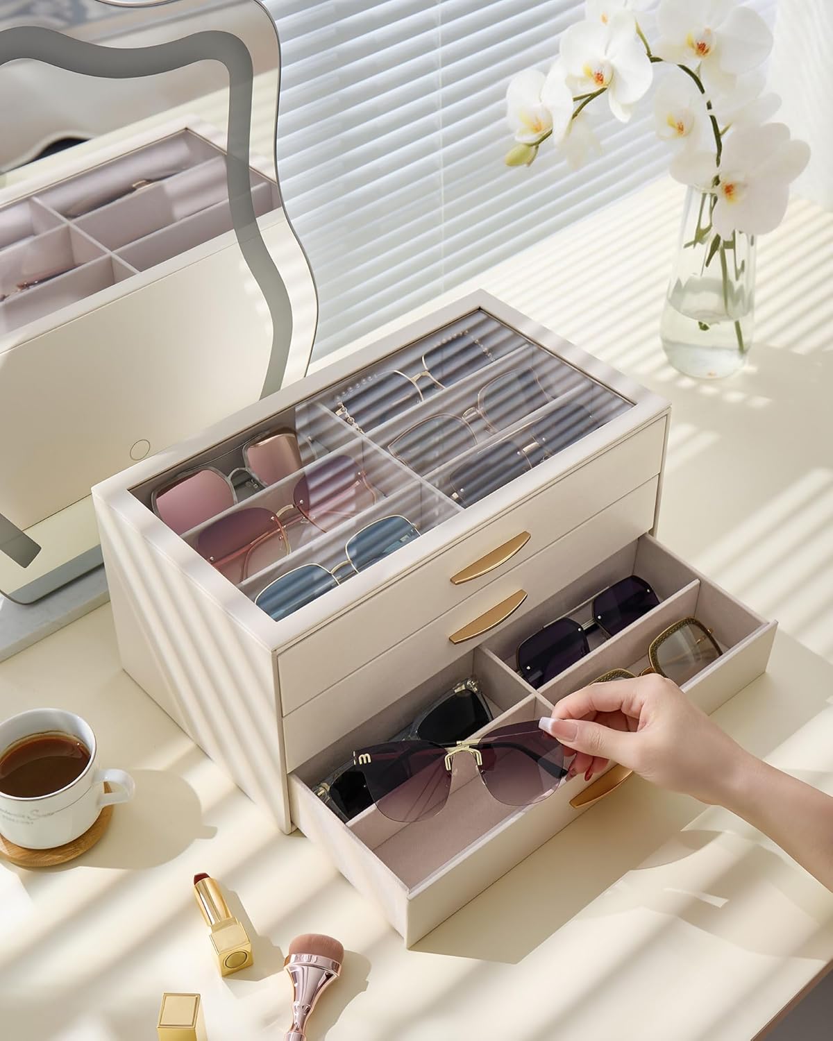 Lolalet Sunglasses Organizer for women, Multi Eyewear Storage Box with Drawer, Glasses Case Display Holder with Clear Top