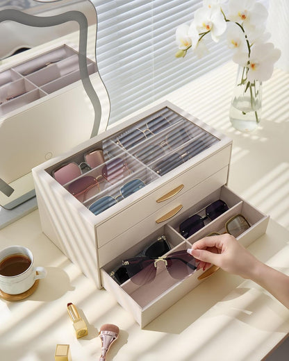 Lolalet Sunglasses Organizer for women, Multi Eyewear Storage Box with Drawer, Glasses Case Display Holder with Clear Top