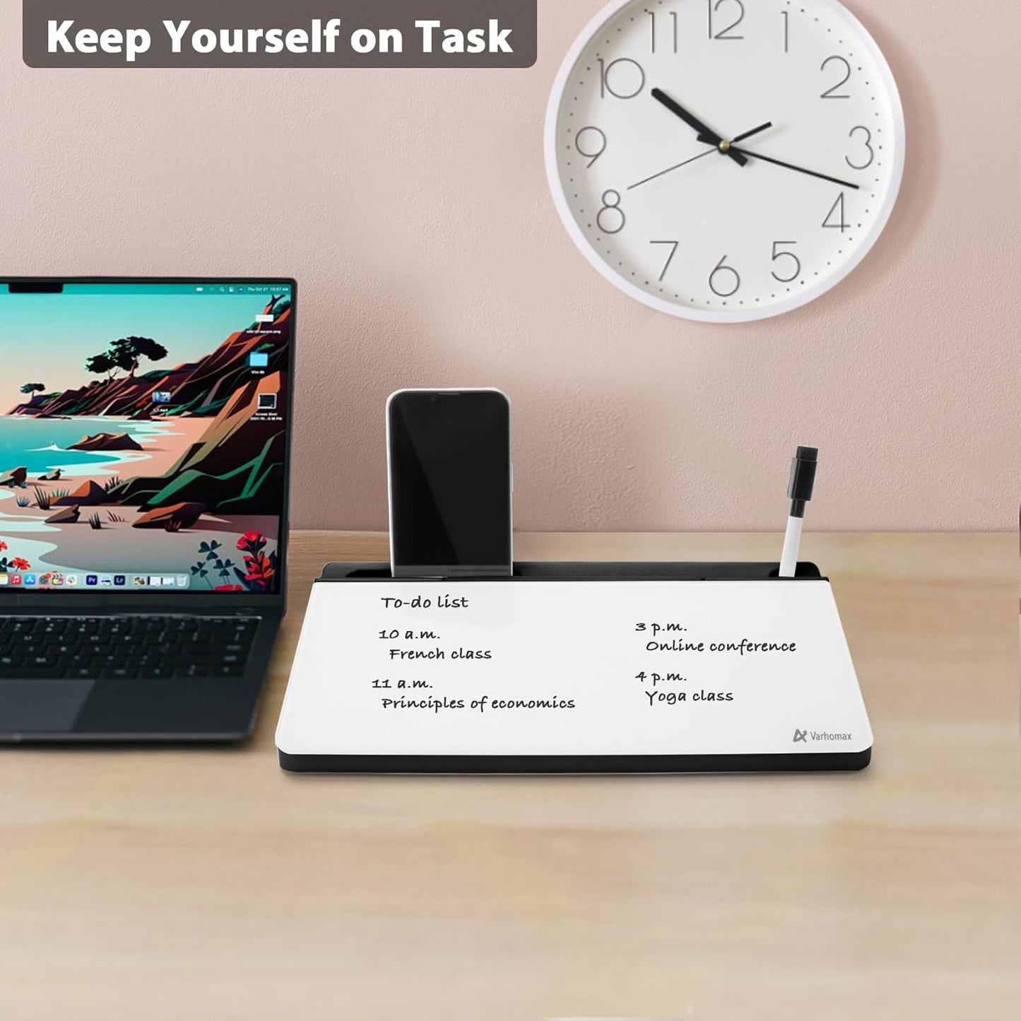 Varhomax Glass Desk Buddy Whiteboard with Storage, Small Dry Erase Desktop White Board Caddy to-do List Memo Notepad for Office, School and Home Office Supplies (Black)