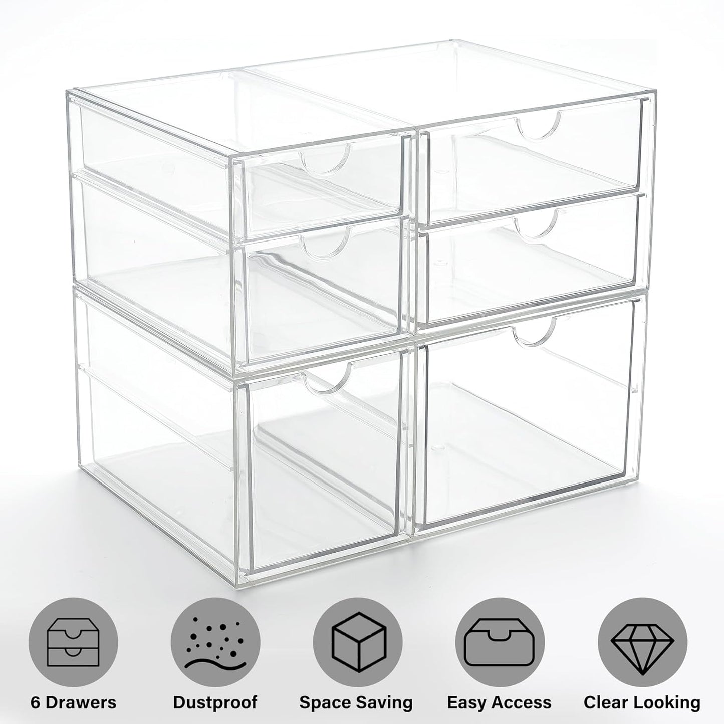 Prsildan Acrylic Drawer Makeup Organizer with 6 Drawers (Not for Baby Bottle), Set of 2 Office Desk Organizers Accessories, Clear Stackable Storage Drawers for Vanity, Craft (Largest Drawer 4" Tall)