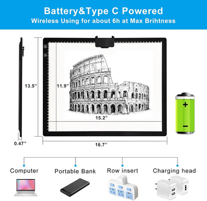 TOHETO A3 Light Pad, Rechargeable Light Board for Diamond Painting, Tracing Light Box with Stand and Clip, Light Table Lightbox for Tracing, Drawing