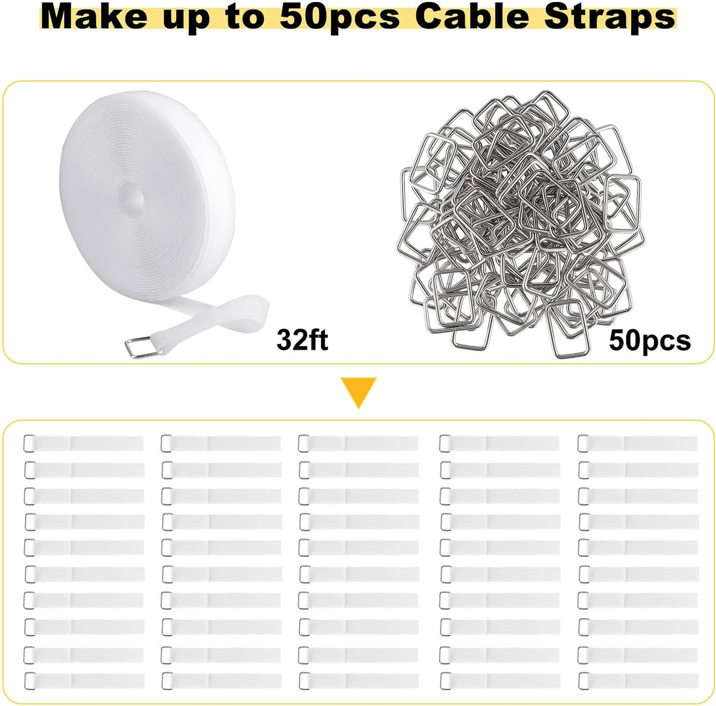 YMCRLUX 1"x32ft Hook and Loop Straps with 50 Metal Buckles, Adjustable Fastening Cable Straps, Cut-to-Length Cinch Strap, Reusable Nylon Securing Cord Ties for Organizer or Storage, 1 inch Wide, Black