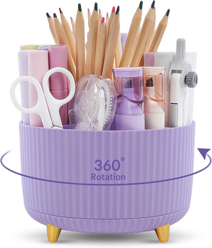 KONVINIT Pencil Pen Holder for Desk, 5 Slots 360 - Degree Rotating Desktop Organizer, Cute Desk Organizers and Accessories for School, Home, Office and Art Supply, Black