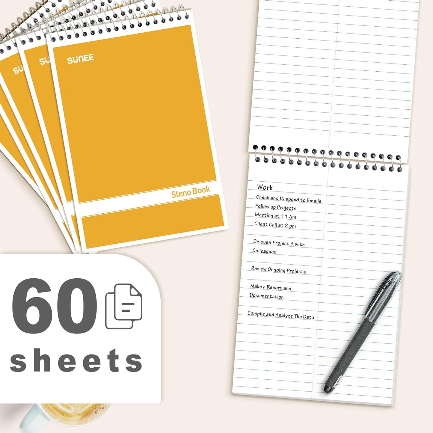 SUNEE 2 Pack Steno Pads 6x9, Gregg Rule, 60 Sheets, Spiral Notebook 6x9, White Paper, Take Notes with Top Spiral Notebook, for School, University, College, Work, Office, Yellow
