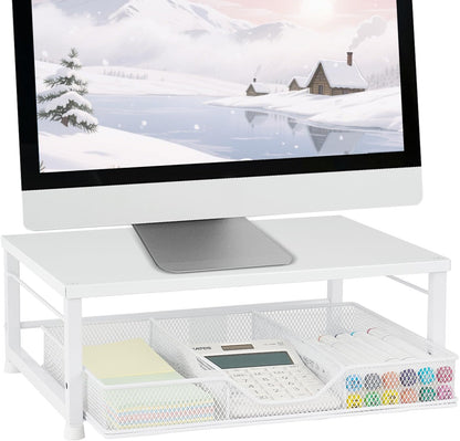 Wood Metal Monitor Stand Riser, Laptop Stand for Desk, Office Desk Organizer and Accessories, Computer Desktop Shelf with Drawer and Pen Holder, Printer Stand for Home, Office, Dorm (Natural Wood)