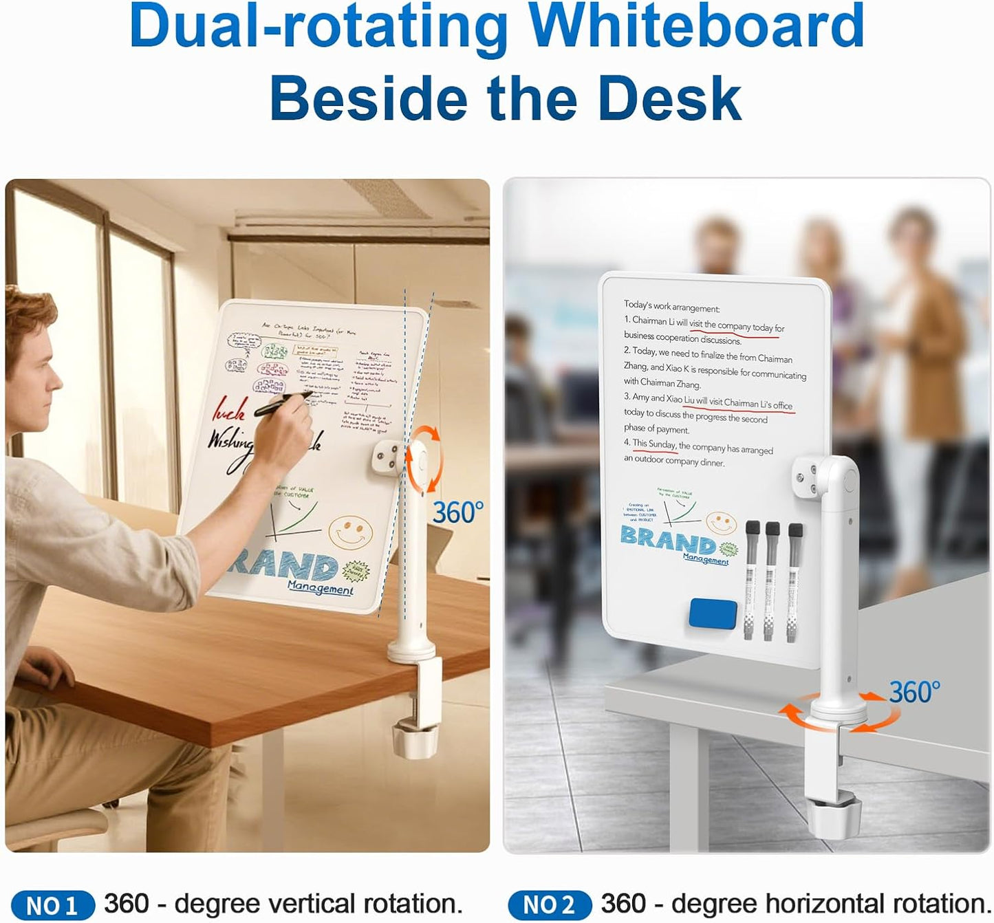Double-Sided Clamp-On Desk Whiteboard, 360° Swivel Desktop Dry Erase Board for Office & Home Study, Fits Desks Under 2.3" Thick, Space Saving Memo Board (16" x 12") with Markers(1pc)