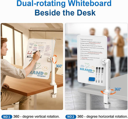 Double-Sided Clamp-On Desk Whiteboard, 360° Swivel Desktop Dry Erase Board for Office & Home Study, Fits Desks Under 2.3" Thick, Space Saving Memo Board (16" x 12") with Markers(1pc)
