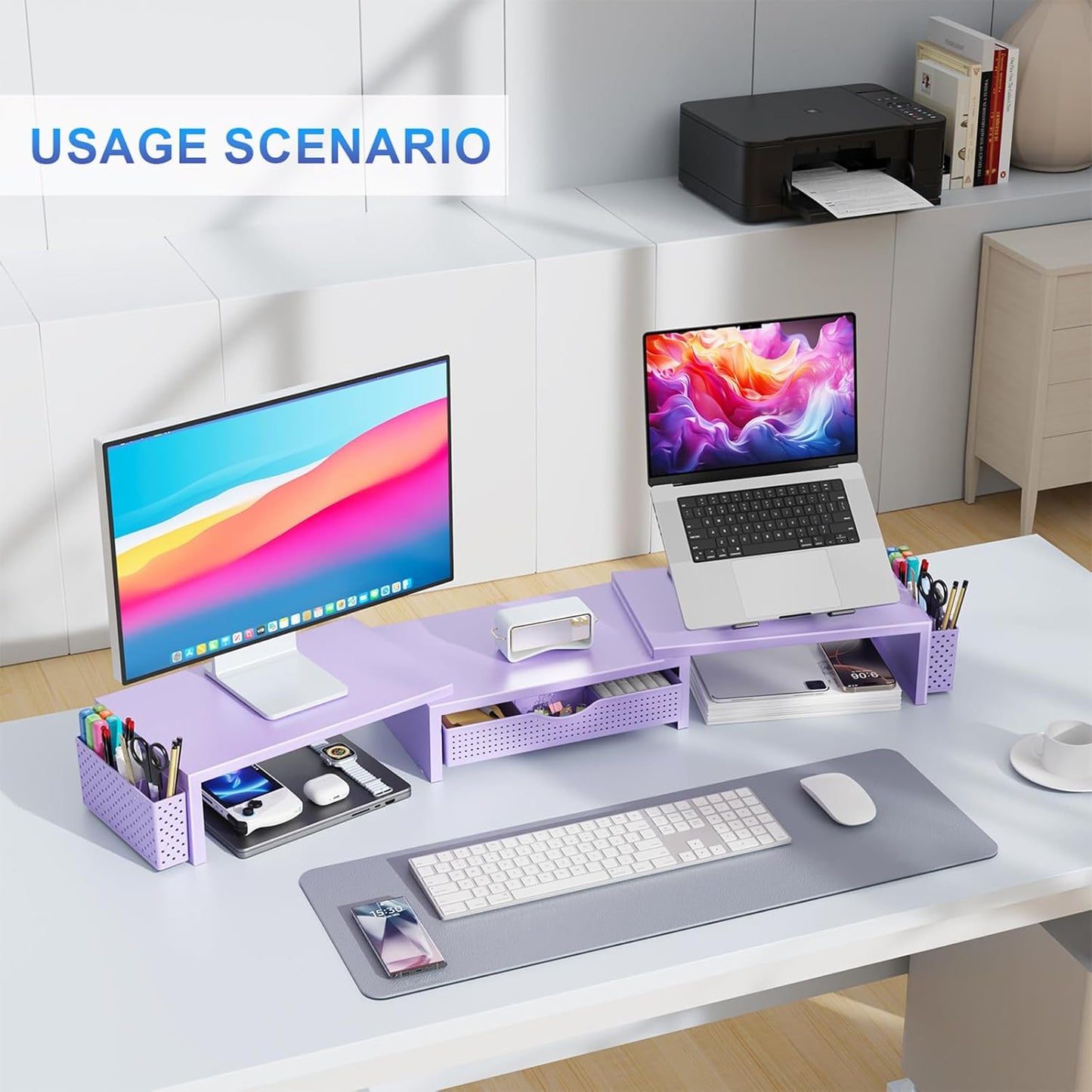 gianotter Dual Monitor Stand Riser, Desk Organizer With Drawer and 2 Pen Holders,Computer Monitor Stand, Desk Shelf for Top of Desk, Wood