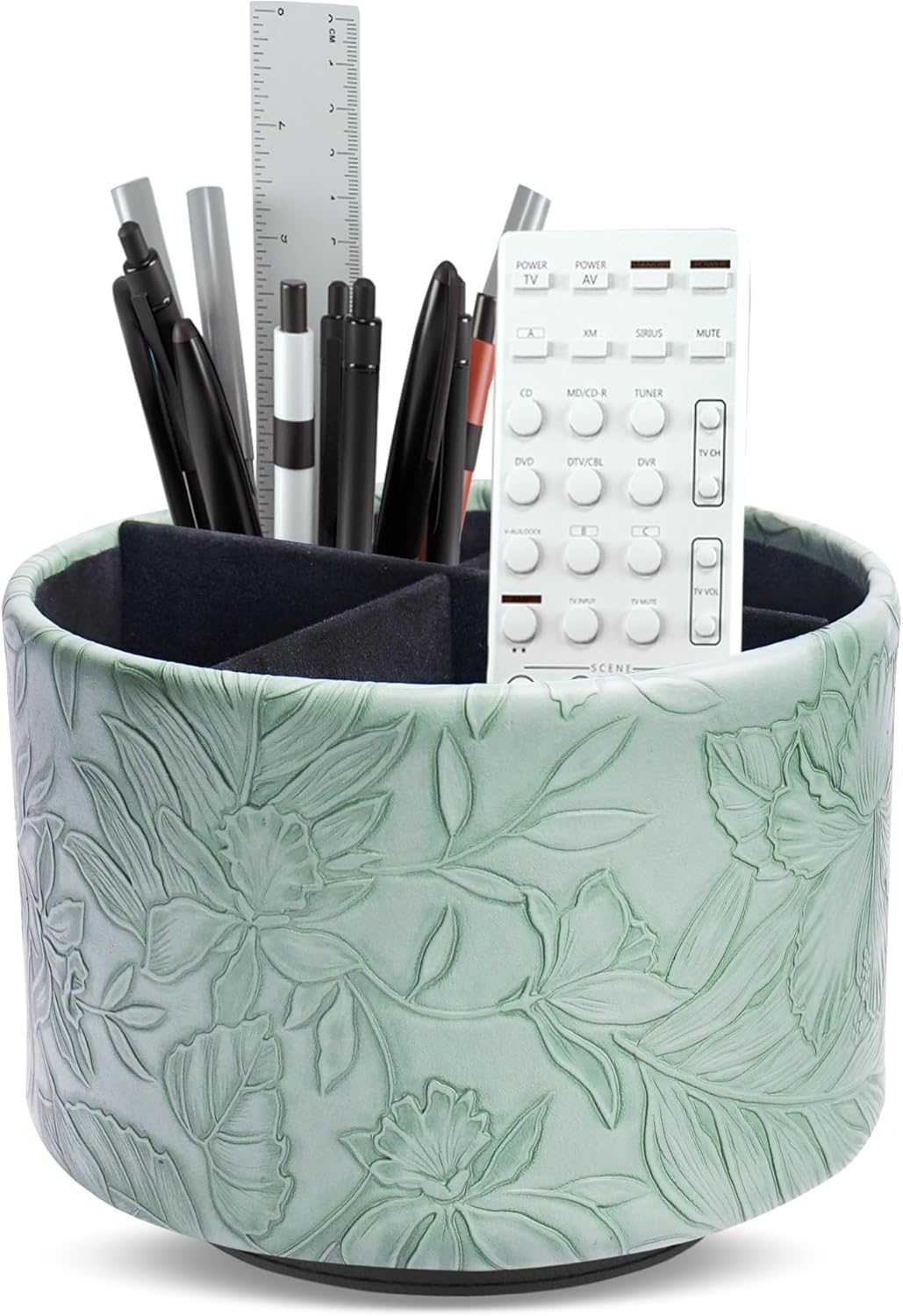 Round Leather Art Supply Organizer,Remote Control Holder,360 Degree Rotating,Multi-Functional Pencil Holder,4 Compartments Desktop Stationary Organizer(1-Fractal Flower) | Round - Colors C