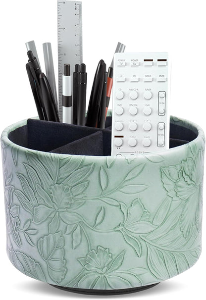 Round Leather Art Supply Organizer,Remote Control Holder,360 Degree Rotating,Multi-Functional Pencil Holder,4 Compartments Desktop Stationary Organizer(1-Fractal Flower) | Round - Colors C