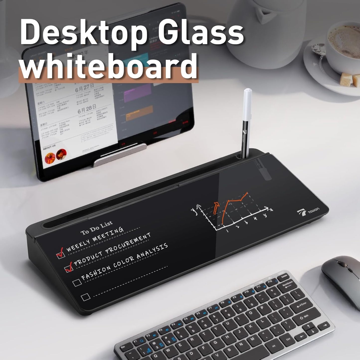 TOWON Small Compact Glass Desktop Whiteboard with Storage – 12 x 7 in Dry Erase Board for Desk, Home Office, School | Includes 5 Markers, Eraser & Holder | Space-Saving Organizer, Aesthetic Rose Gold