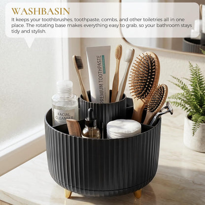 KONVINIT Pencil Pen Holder for Desk, 5 Slots 360 - Degree Rotating Desktop Organizer, Cute Desk Organizers and Accessories for School, Home, Office and Art Supply, Black