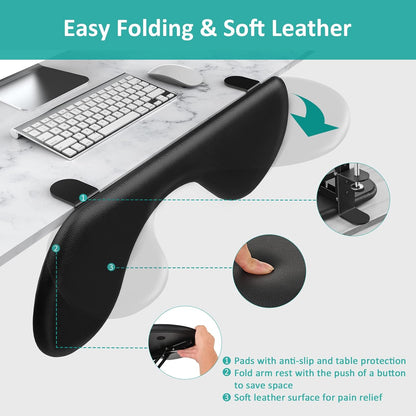 eulps Foldable Arm Rest for Desk, Clamp-On Desk Arm Support Pad with Soft PU Leather Cushion, Ergonomic Wrist & Forearm Rest for Computer Typing, Mouse Use, Gaming, Home Office