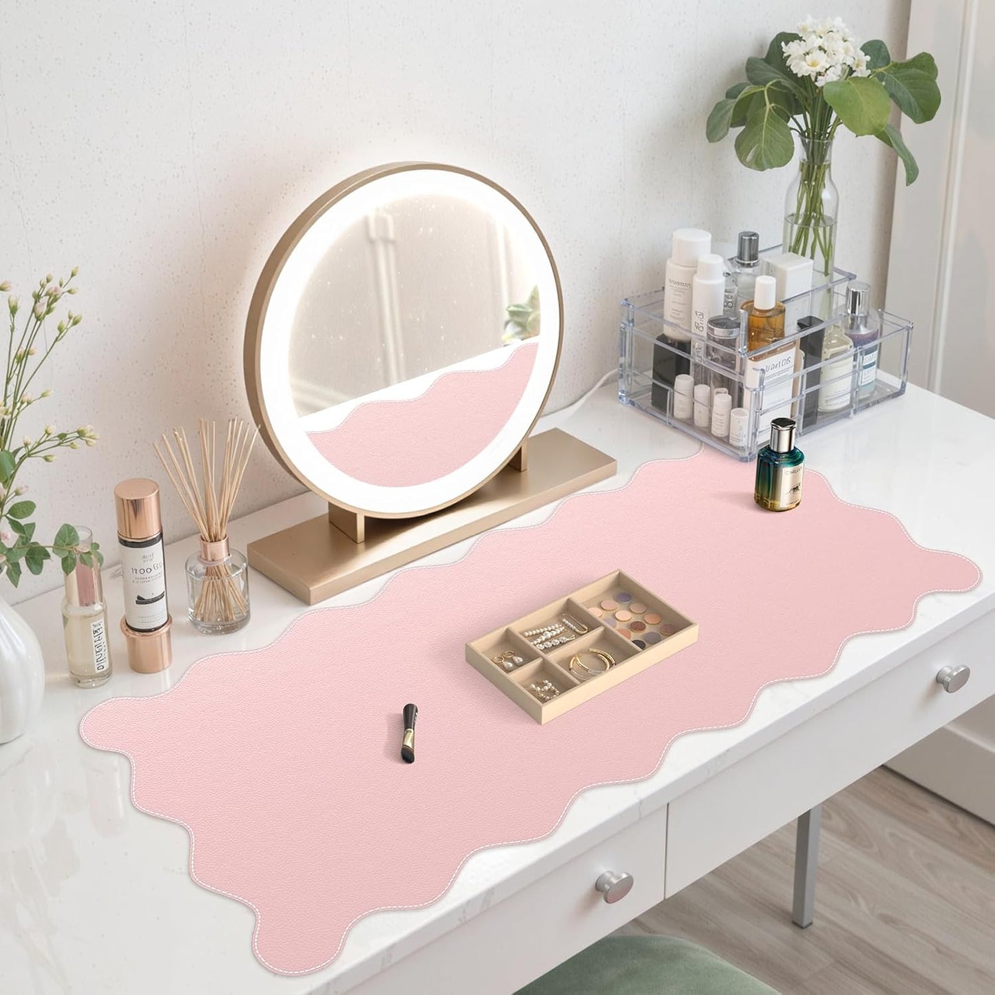 iCasso Pink Leather Desk Mat,Extra Large Scalloped Mouse Pad for Desktop,Waterproof PU Nail Table Mat,Cute Keyboard Mats for Women Girl,Non-Slip Desk Cover Mat for Office Home Dorm