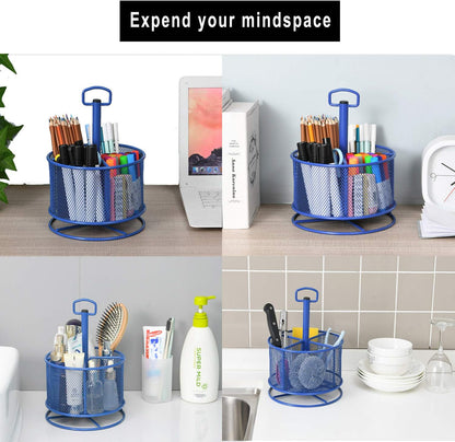 Marbrasse Mesh Desk Organizer, 360-Degree Rotating Multi-Functional Pen Holder, 4 Compartments Desktop Stationary Organizer, Home Office Art Supply Storage Box Caddy (Black)