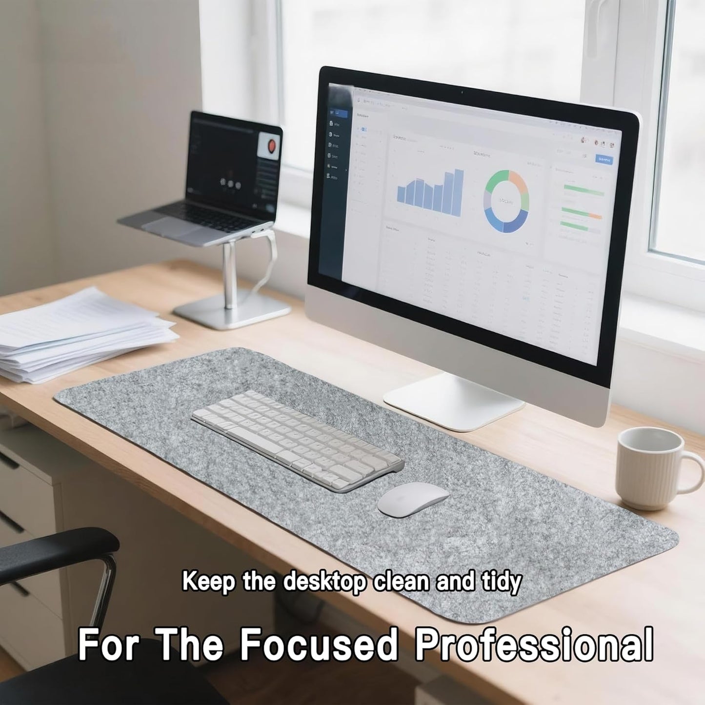 Large Felt Desk Mat, 35.4"x15.4" Felt Desk Pad - Non-Slip Keyboard Mat & Mouse Pad for Office and Gaming, Water Resistant Desktop Protector for Computer, Home, Work (Black Gray)