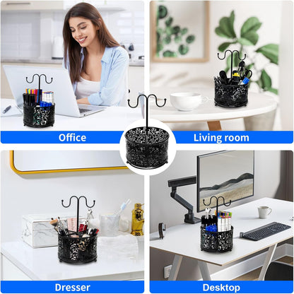 360 Degree Rotate Pen Holder for Desk Mesh Desk Pen Organizer Pencil Holder Large Capacity Accessories & Workspace Organizers for School,Home (Black, No hook)