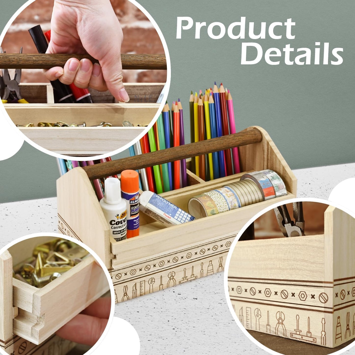 Ikee Design Small Natural Wood Color Wooden Craft Tool Box Caddy with a Handle for Storage Tool, Makeup, Collections with 5 Compartments for Storage and Organizing, 10 W x 5.1 D x 3.5 H in