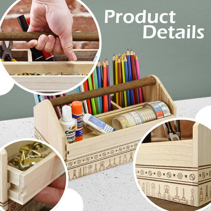 Ikee Design Small Natural Wood Color Wooden Craft Tool Box Caddy with a Handle for Storage Tool, Makeup, Collections with 5 Compartments for Storage and Organizing, 10 W x 5.1 D x 3.5 H in