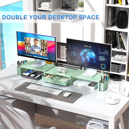 gianotter Dual Monitor Stand Riser, Desk Organizer With Drawer and 2 Pen Holders,Computer Monitor Stand, Desk Shelf for Top of Desk, Wood