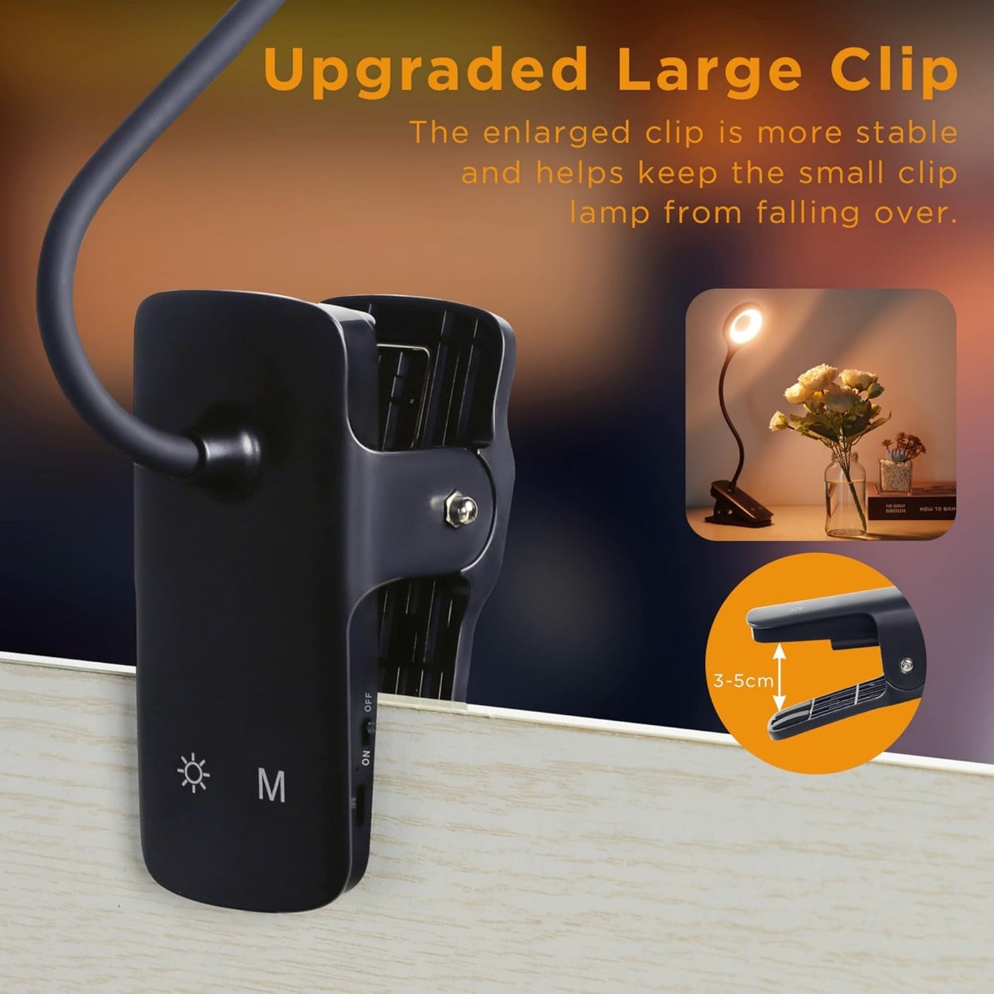 Akynite Desk Lamp LED Clip on Light, 5 Modes 5 Brightness Dimmable Clamp Light, Rechargeable Battery Flexible Clip on Reading Lamp for Bed Headboard Bunk Bed at Night for Kids (Black)