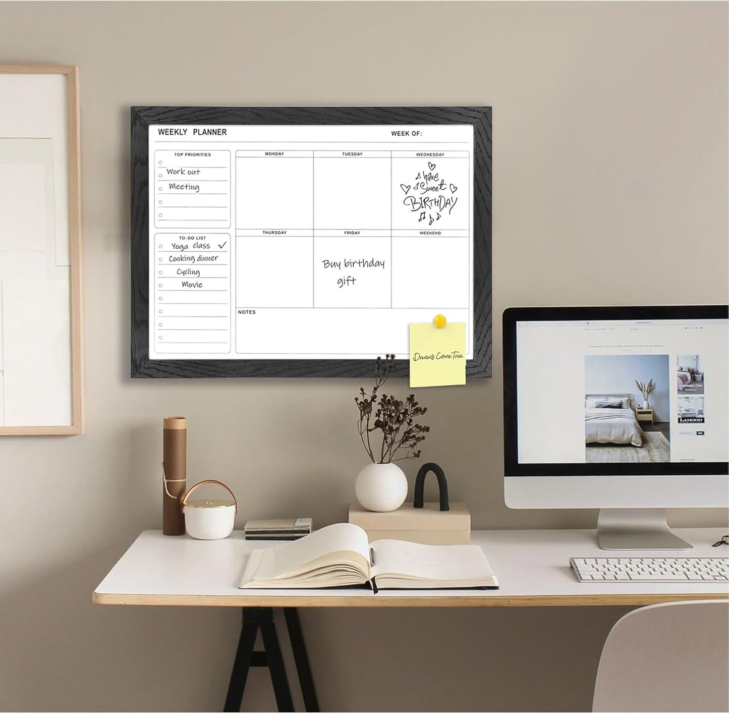 White Board Weekly Calendar Dry Erase Planner for Wall-16"X12",White Solid Wood Frame,Minimal/Modern Design, Magnetic Whiteboard Planner for to Do List, Memo, School, Home, Office, Kitchen