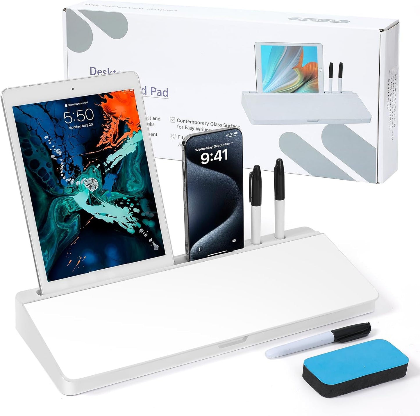 KVY Desk Whiteboard with Storage,Desktop Glass Dry Erase White Board Organizers Supplies with Accessories for Office, Home, School Essentials (White)