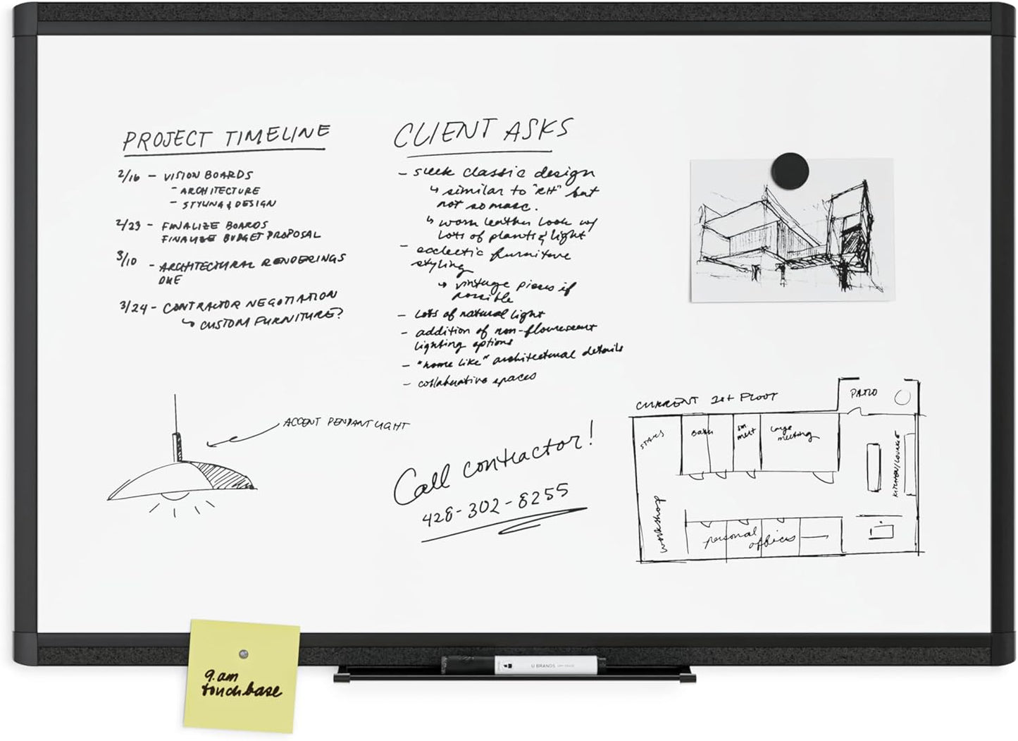 U Brands Framed Magnetic Weekly Calendar Dry Erase White Board, Office Supplies, Black Frame, with Marker, Magnet, 11” x 18”