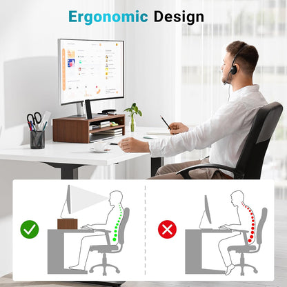 BONTEC Wooden Monitor Stand Riser for Desk, 2-Tier Computer Monitor Stand with Storage, 66 lbs Desk Shelf Organizer, Laptop & Printer Stand with Phone Holder and Cable Management, White, 16.5 Inch