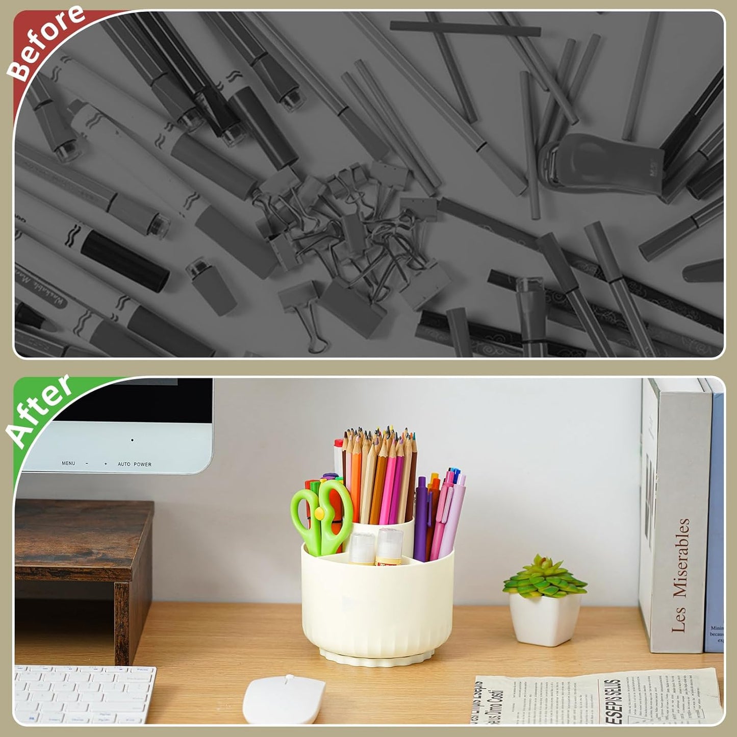 Marbrasse Desk Organizer, 360-Degree Rotating Pen Pencil Holder, Desk Organizers and Accessories with 5 Compartments Pencil Organizer, Art Supply Storage Box Caddy for Office, Home(Beige)