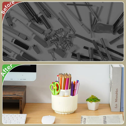 Marbrasse Desk Organizer, 360-Degree Rotating Pen Pencil Holder, Desk Organizers and Accessories with 5 Compartments Pencil Organizer, Art Supply Storage Box Caddy for Office, Home(Beige)