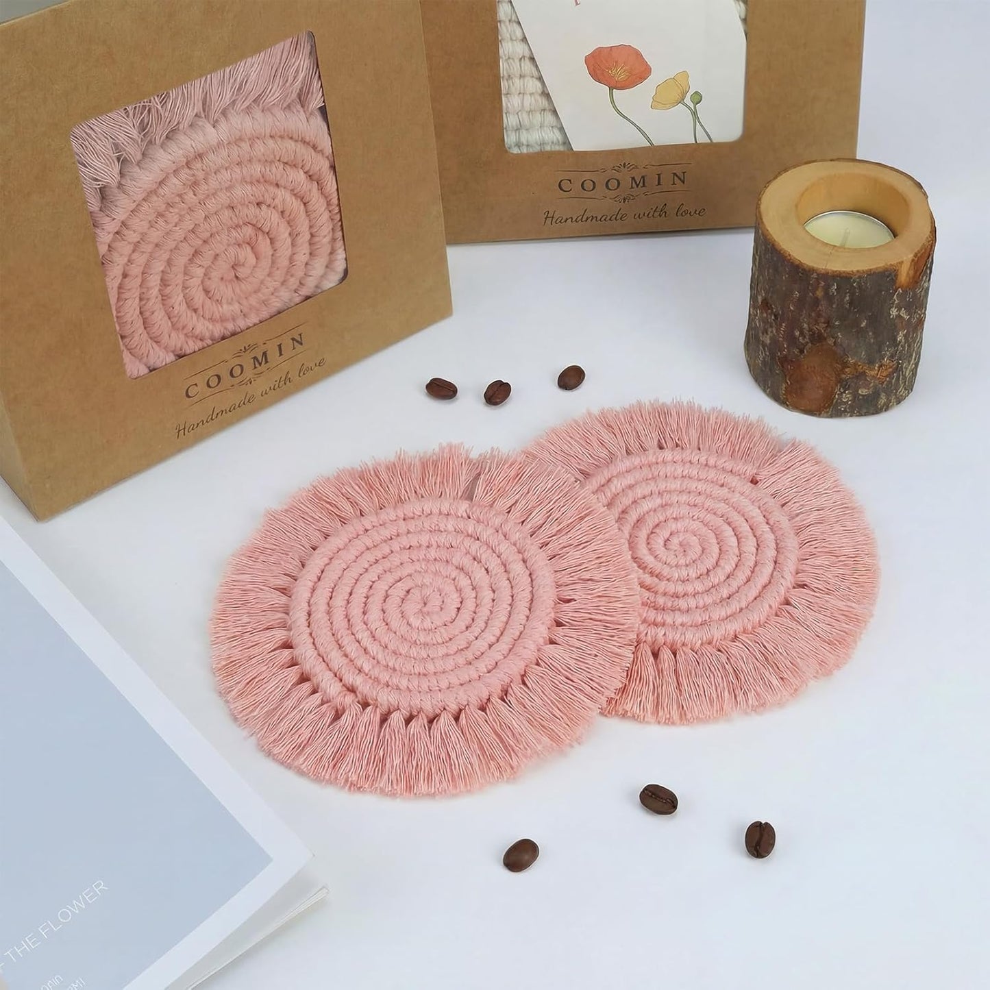 7.4in Boho Coasters for Drinks, Handmade Woven Absorbent Coasters for Desk, Farmhouse Cute Coaster for Mugs Cups - Gifts for Women, Beige