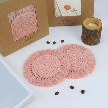 7.4in Boho Coasters for Drinks, Handmade Woven Absorbent Coasters for Desk, Farmhouse Cute Coaster for Mugs Cups - Gifts for Women, Beige