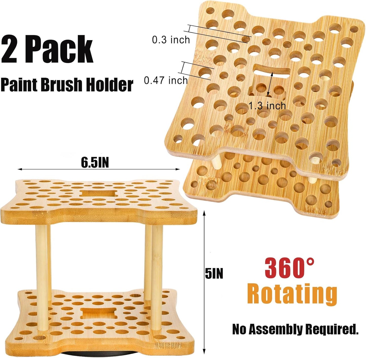 Cedilis 2 Pack Rotating Paint Brush Holder, 59 Holes Bamboo Paintbrush Holder Organizer for Pen, Pencil, Watercolor Brushes, Artist, No Assembly Required
