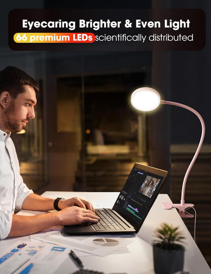 LiFMIRA Clip-on Lamp Reading Light - 5 Color Modes, 10 Brightness Levels, 8W, 66 LED, Eye-Caring Metal Clamp Light with Gooseneck for Bed, Headboard, Desk, Video Conferencing, Makeup