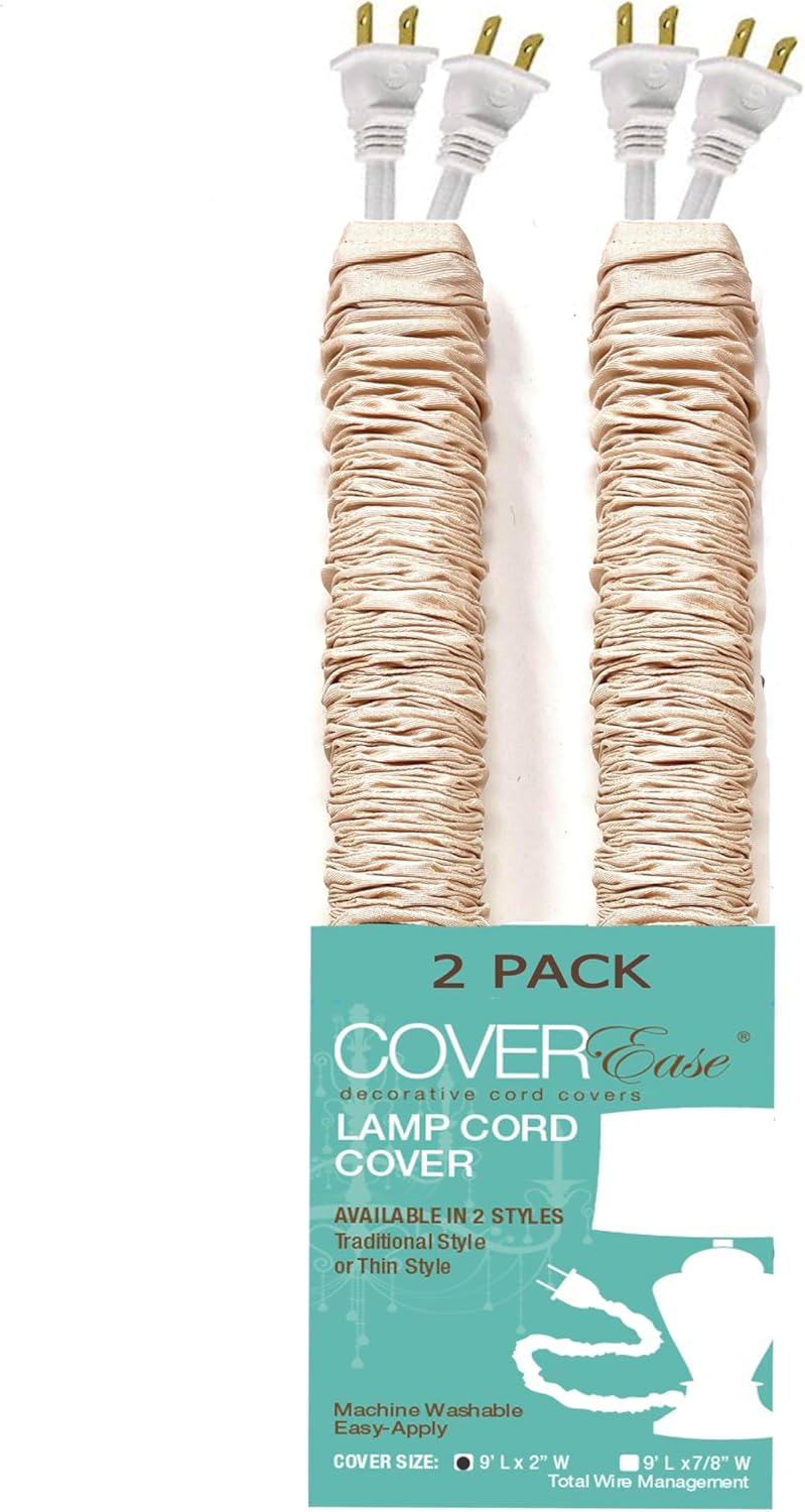 Cream COVEREase Lamp Cord Cover 9 ft Faux Silk Fabric Cover - Cable Sleeve, Wire Cover, Cord Hider for Cable Management for Electrical Lighting Fixtures. (1 PK)
